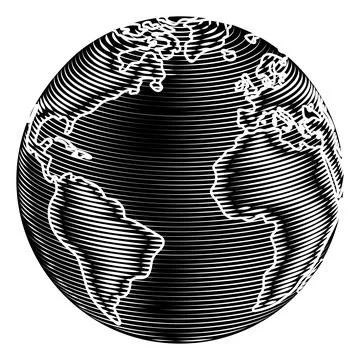World Globe Earth Global Map Woodcut Planet Stock Illustration