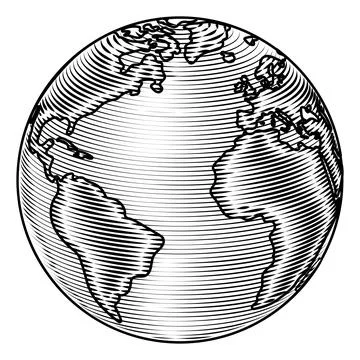 World Globe Earth Global Map Woodcut Planet Stock Illustration