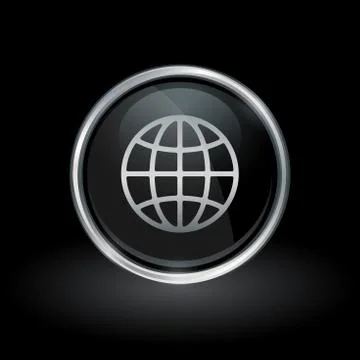 World globe icon inside round silver and black emblem Stock Illustration