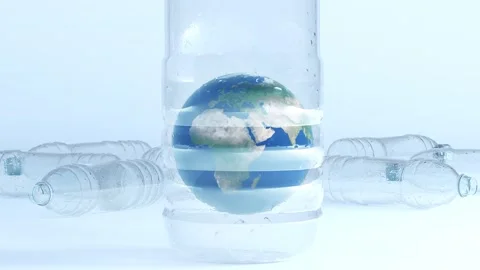 World globe inside a plastic bottle with scattered plastic bottles behind Stock Footage 144467056