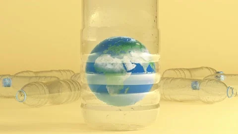 World globe inside a plastic bottle with scattered plastic bottles behind Stock Footage 144467060