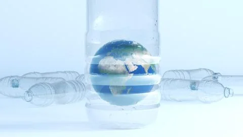 World globe inside a plastic bottle with bottles behind and a white background. Stock Illustration