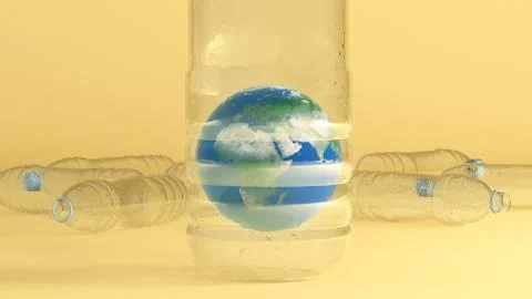 World globe inside a plastic bottle with bottles behind and a yellow background. Stock Illustration