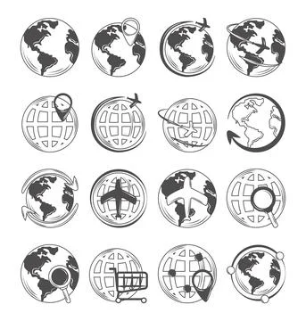 World globe map icons set travel connection shopping and location イラスト素材