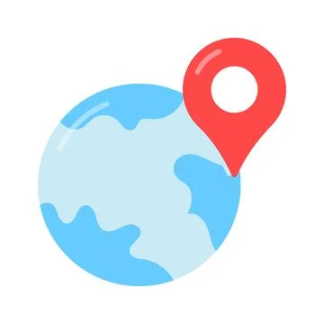 World globe with map pin, vector of global location in trendy style Illustrazione stock