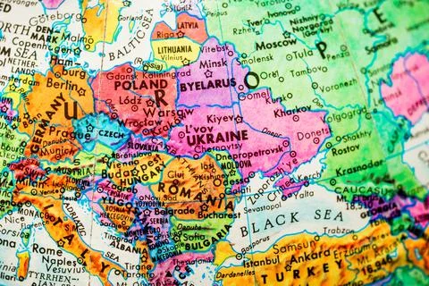 World globe map showing Eastern Europe. Ukraine in the centre. Stock Photos