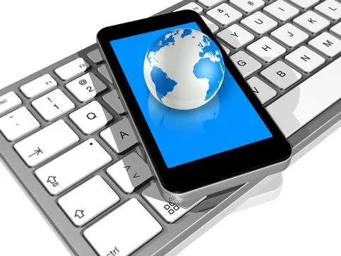 World globe on a mobile phone on a computer keyboard 3D render of world gl... Stock Photos