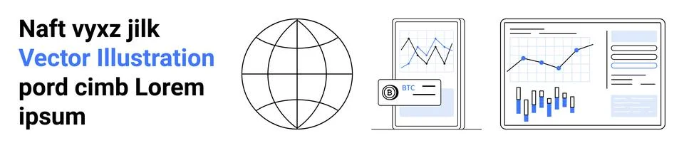 World globe outline, line graphs on a smartphone, bar charts on a tablet, and Stock Illustration