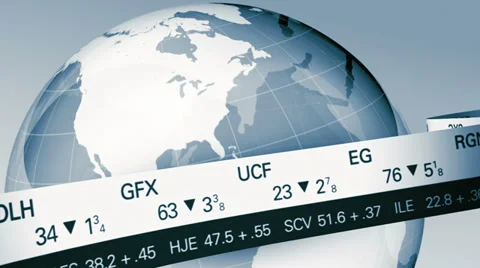 World Globe with Stock Ticker LOOP Close Up in Blue Stock Footage 33444751
