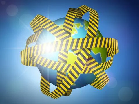 World globe with warning tape on sky Stock Illustration