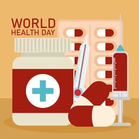 World health day lettering and bundle of healthy icons on a orange background Stock Illustration