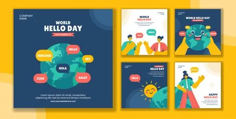 World Hello Day Celebration Flat Cartoon Social Media Post Template Illustr.. Stock Illustration