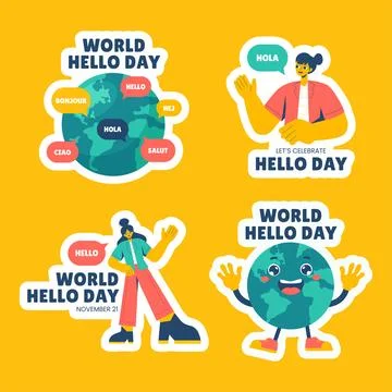 World Hello Day Label Vector in Flat Cartoon Style Illustration Stock Illustration