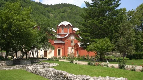 World heritage monastery building complex Patriarchate Pec of Kosovo Stock Footage 119885336