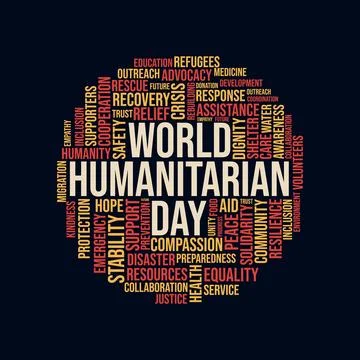 World Humanitarian Day Word Cloud Circle Typography with Relief and Charity.. Stock Illustration