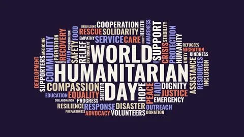 World Humanitarian Day Word Cloud with Compassion Support and Aid Keywords .. Stock Illustration