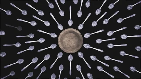 World Hunger Concept. Spoons Pointing to Empty Plate on Black Background. Stock Footage 312568595