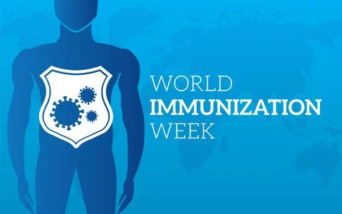 World Immunization Week Blue Vector Illustration Banner with a Man and Shield Stock Illustration