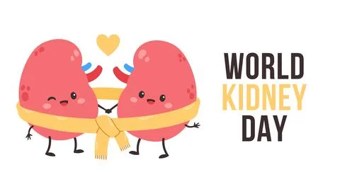 World kidney day card, vector illustration with cute cartoon couple of kidney in Stock Illustration