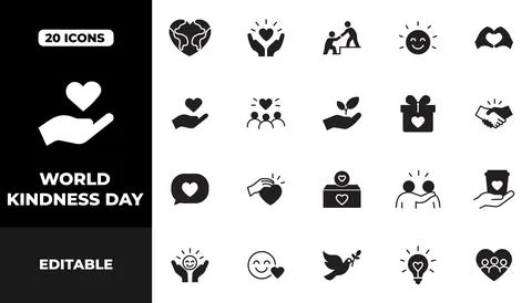 World Kindness Day Solid Icon Set with Hearts, Helping Hands and Love Stock Illustration
