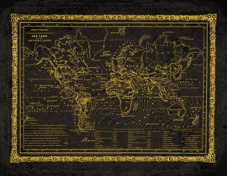 The World Land Features and Co Tidal Lines Black And Gold Historical Map Stock Illustration