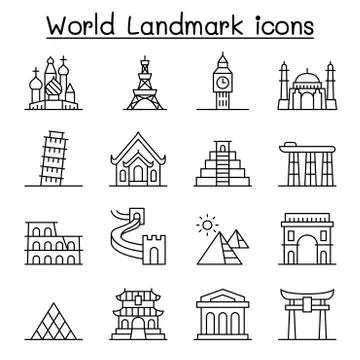 World landmark icon set in thin line style Stock Illustration