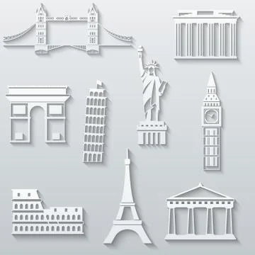 World landmarks, abstract flat paper icons set Ilustração Stock