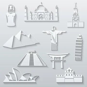 World landmarks, abstract flat paper icons set Stock Illustration