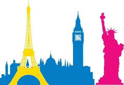 World landmarks featuring yellow tower, blue buildings, and pink statue are s Stock Illustration