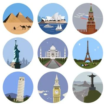 World landmarks flat icon set 스톡 일러스트