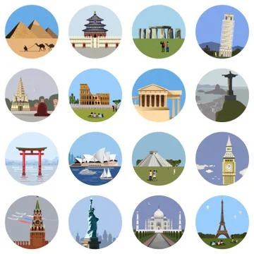 World landmarks flat icon set Illustrazione stock