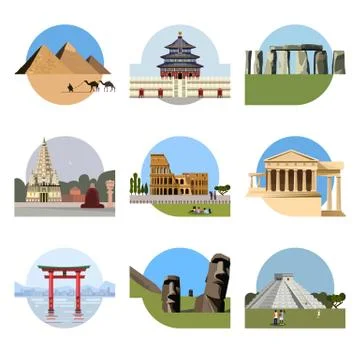World landmarks flat icon set Stock Illustration