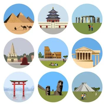 World landmarks flat icon set Stock Illustration