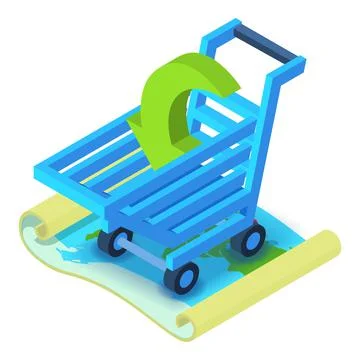 World logistic icon isometric vector. Down arrow in shopping cart on world map Stock Illustration