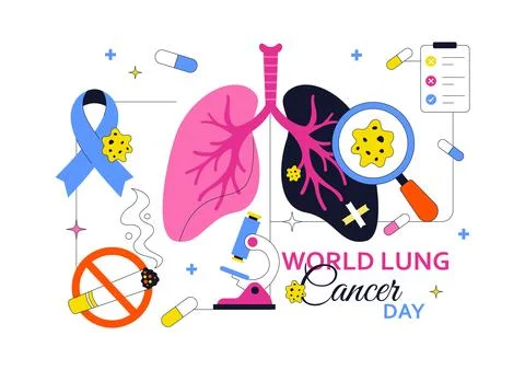 World Lung Cancer Day Vector Illustration Featuring Awareness Ribbon, Respi.. Stock Illustration