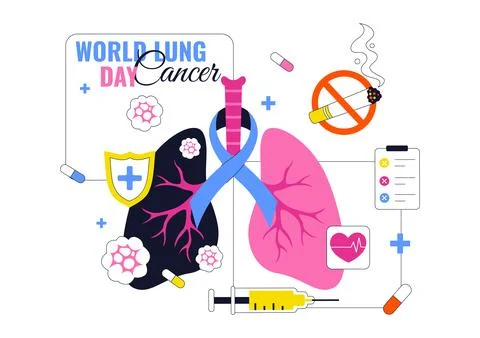 World Lung Cancer Day Vector Illustration Featuring Awareness Ribbon, Respi.. Stock Illustration