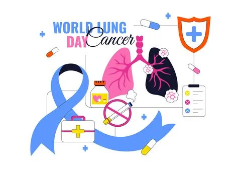World Lung Cancer Day Vector Illustration Featuring Awareness Ribbon, Respi.. Stock Illustration