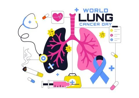 World Lung Cancer Day Vector Illustration Featuring Awareness Ribbon, Respi.. Stock Illustration