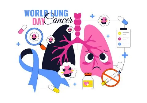 World Lung Cancer Day Vector Illustration Featuring Awareness Ribbon, Respi.. Stock Illustration