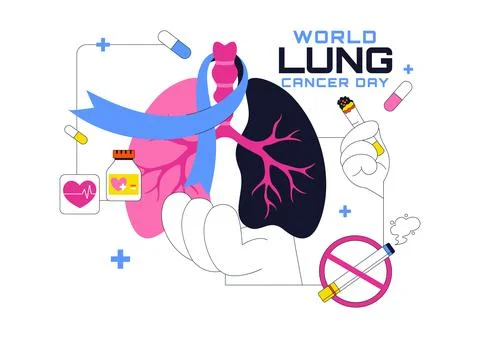 World Lung Cancer Day Vector Illustration Featuring Awareness Ribbon, Respi.. Stock Illustration