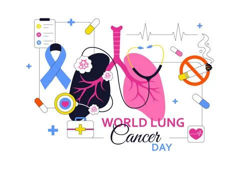 World Lung Cancer Day Vector Illustration Featuring Awareness Ribbon, Respi.. Stock Illustration