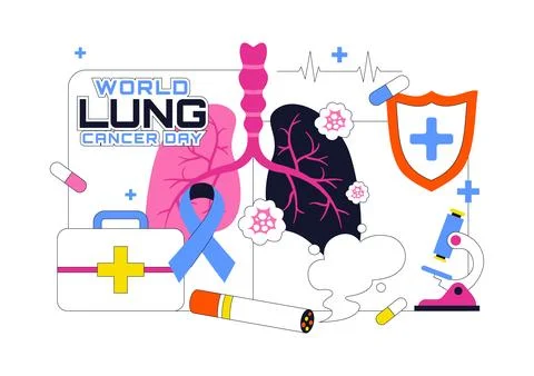 World Lung Cancer Day Vector Illustration Featuring Awareness Ribbon, Respi.. Stock Illustration