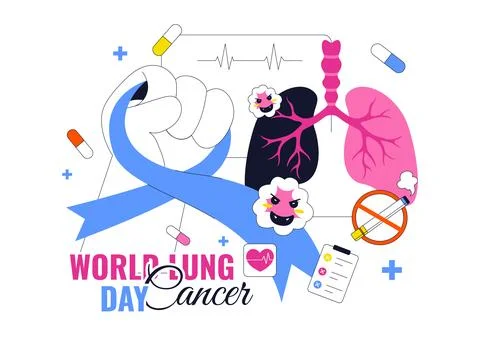 World Lung Cancer Day Vector Illustration Featuring Awareness Ribbon, Respi.. Stock Illustration