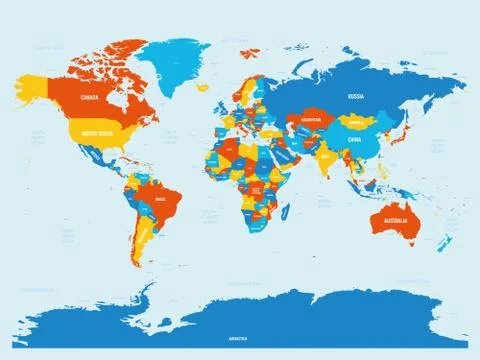 World map - 4 bright color scheme. High detailed political map of World with Ilustração Stock