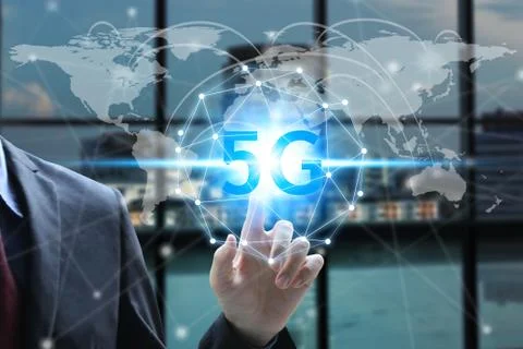 World map with 5G technology background, hand touch network using 5G technolo 스톡 사진