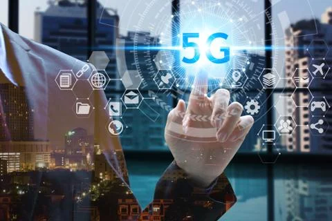 World map with 5G technology background, hand touch network using 5G technolo Stock Photos