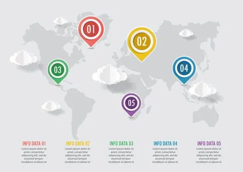 World map with abstract grunge circles and crystal pointers, infographic te.. Stock Illustration