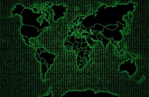 World map against a green binary code Illustrazione stock