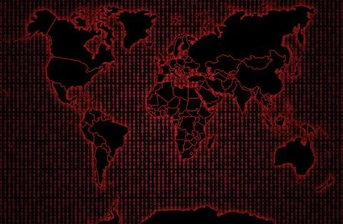 World map against on a red binary code Illustrazione stock