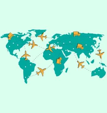 World map with air planes and trucks isolated on blue Stock Illustration